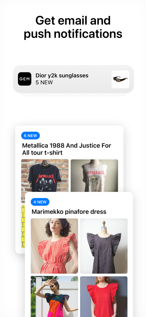 Gem - Search Vintage - Gem app interface showing push notifications and new search results for vintage items like Dior sunglasses and Marimekko dresses
