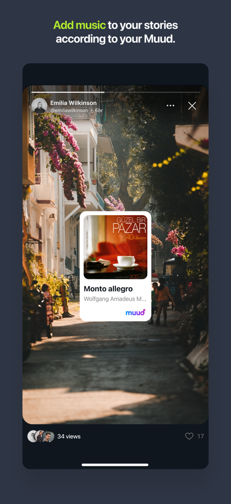 Yaay app interface showing a story with an integrated music player and an outdoor scene background.