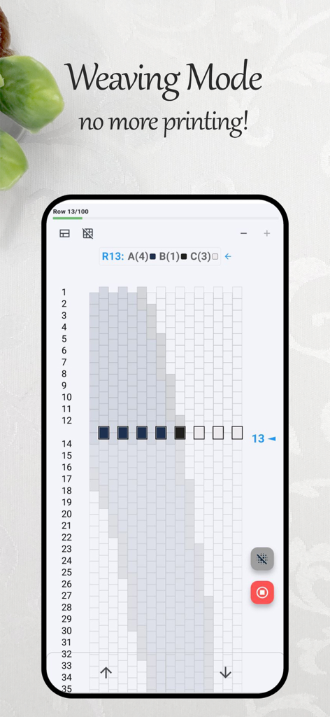 Schermata dell'app PlanBead che mostra la modalità di tessitura con una griglia digitale di motivi di perline e la riga evidenziata