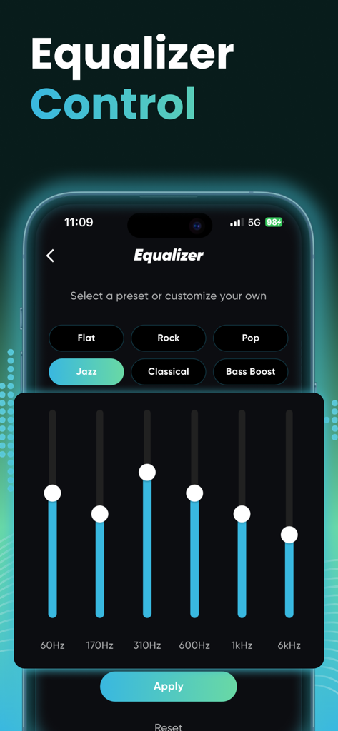 Max Volume Booster: Super Loud - Max Volume Booster equalizer control screen with custom frequency sliders and presets