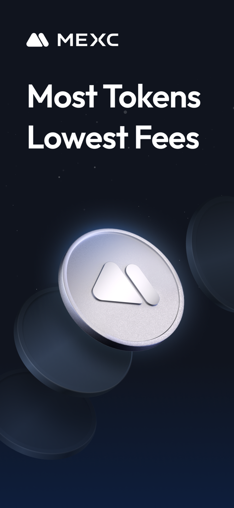 MEXC: Buy Bitcoin BTC & Crypto - Schermata dell'app di exchange di criptovalute MEXC con il messaggio relativo al maggior numero di token e alle commissioni più basse.