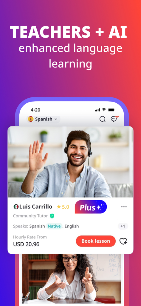 Schnittstelle der mobilen italki-App mit dem Profil einer muttersprachlichen Spanisch-Lehrkraft und dem Text 'Lehrkräfte plus KI-unterstütztes Sprachenlernen'.
