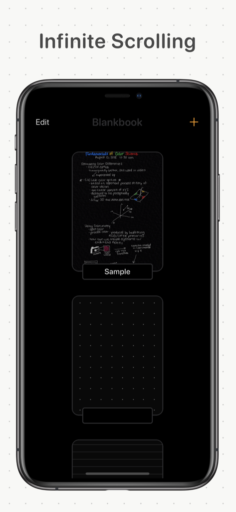 Blankbook app interface featuring infinite scrolling canvas and dark mode notes
