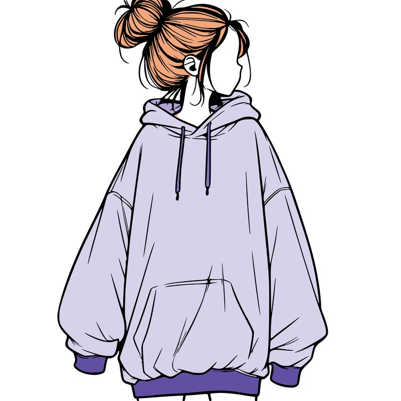 realistic girl with a oversized sweatshirt on and a bun