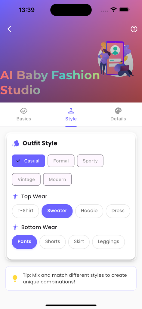 AI Fashion for Baby - Interface of the AI Baby Fashion Studio app showing options to select baby outfit styles top wear and bottom wear