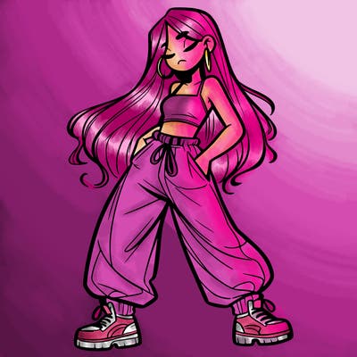 girl in baggy pants crop top and long hair