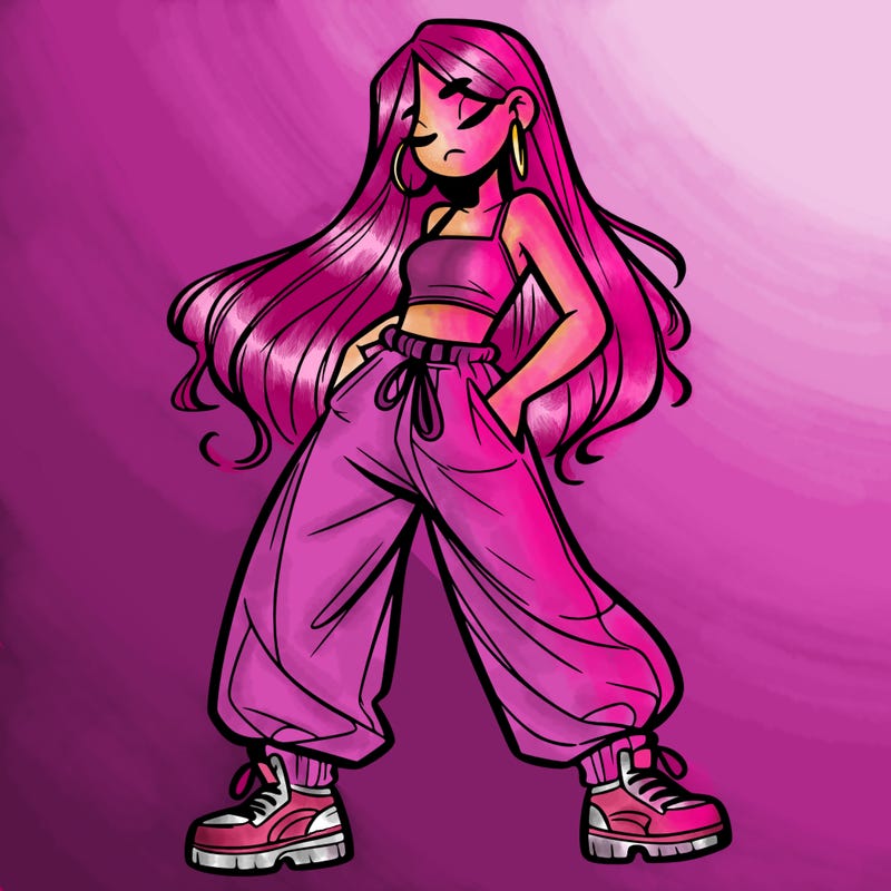 girl in baggy pants crop top and long hair