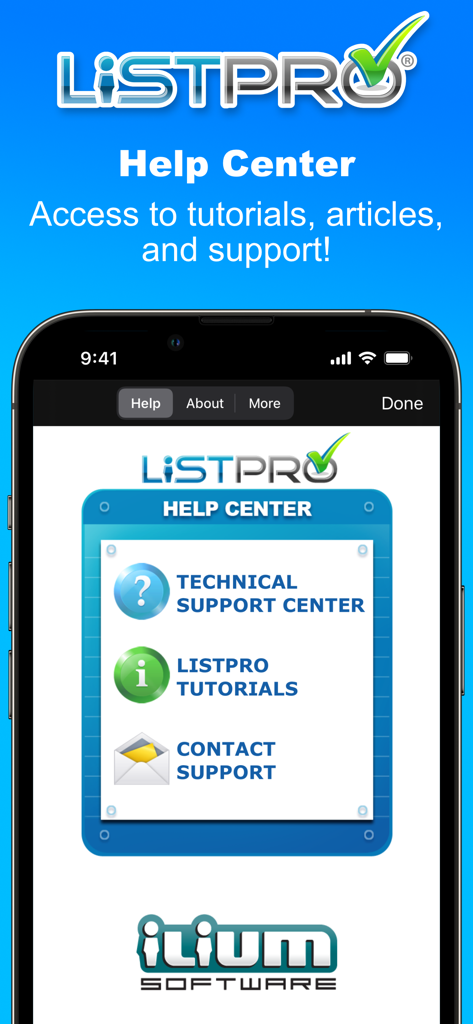 ListPro - ListPro app Help Center screen showing technical support, tutorials, and contact options.