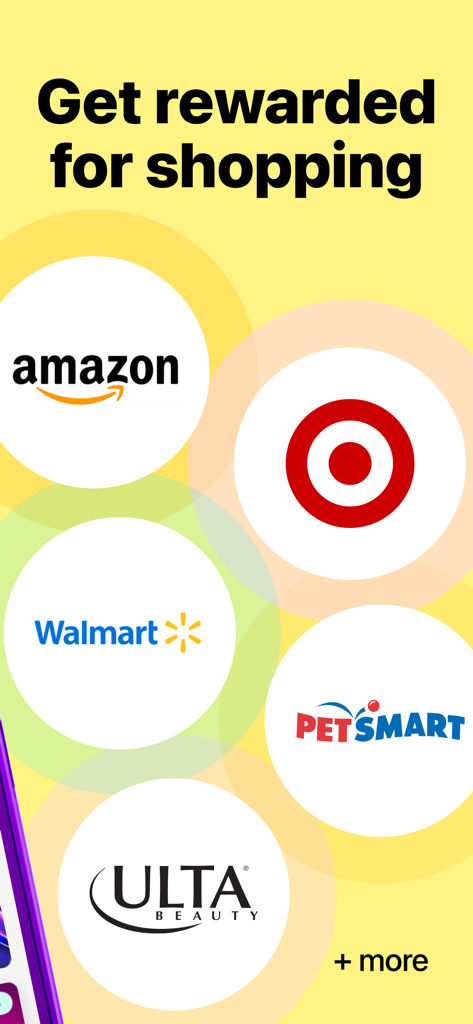 Frisbee app screen displaying logos of Amazon Target and Walmart under the heading Get rewarded for shopping