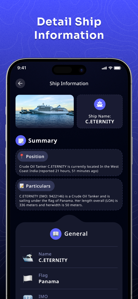 Smartphone screen showing detailed ship information for a tanker vessel in the Ship Traffic app