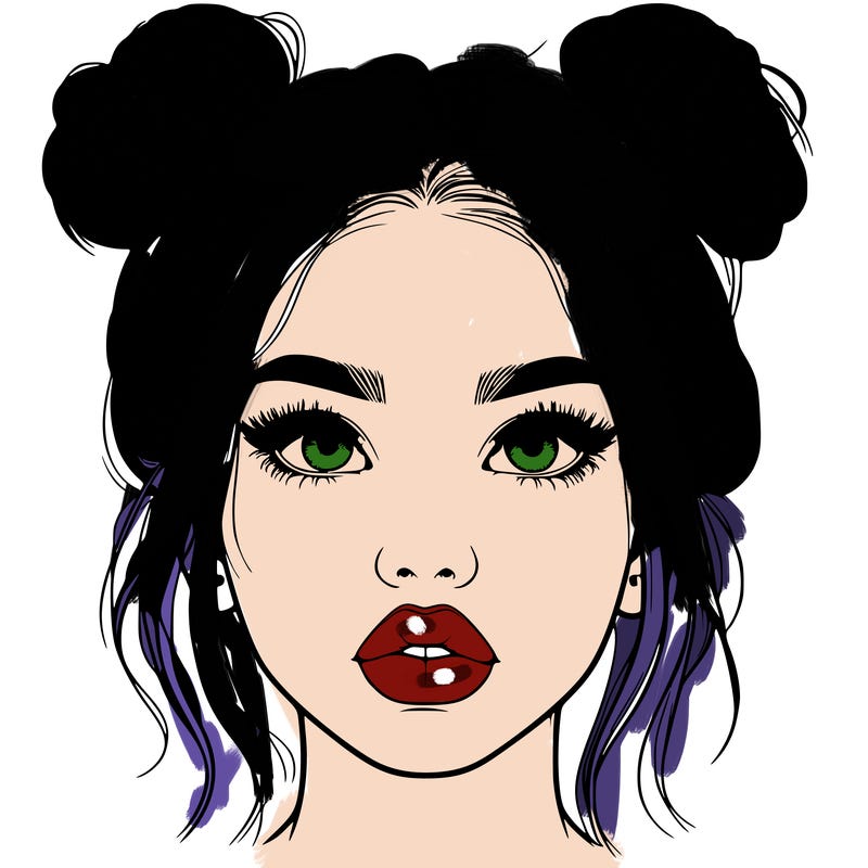 realistic girl with two buns on her hair and lips