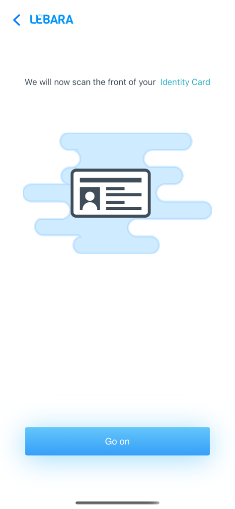 Lebara SIM Activation - Pantalla de la aplicación Lebara SIM Activation que indica al usuario que escanee la parte frontal de su tarjeta de identidad.