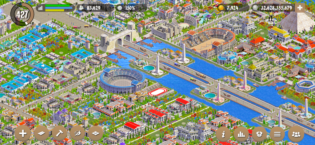 Designer City: Empire Edition - Isometric view of a sprawling historical empire with grand coliseums, a central river, and ancient architecture.