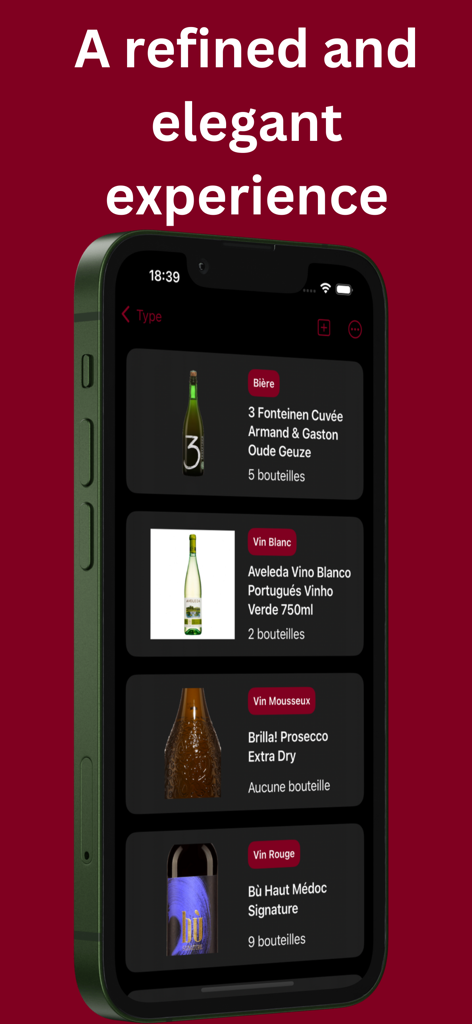 Wine and Cellar Tracker app interface displaying a categorized list of wines and beers with bottle counts