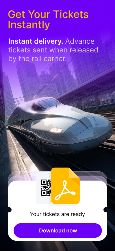 Rail Monsters: Train Tickets - Interface of the Rail Monsters app showing instant digital train ticket delivery and a high speed train