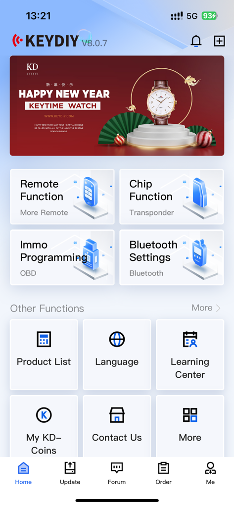 Mobile KD - Pantalla de inicio de la aplicación Mobile KD que muestra las funciones de llave de coche remota y chip transpondedor