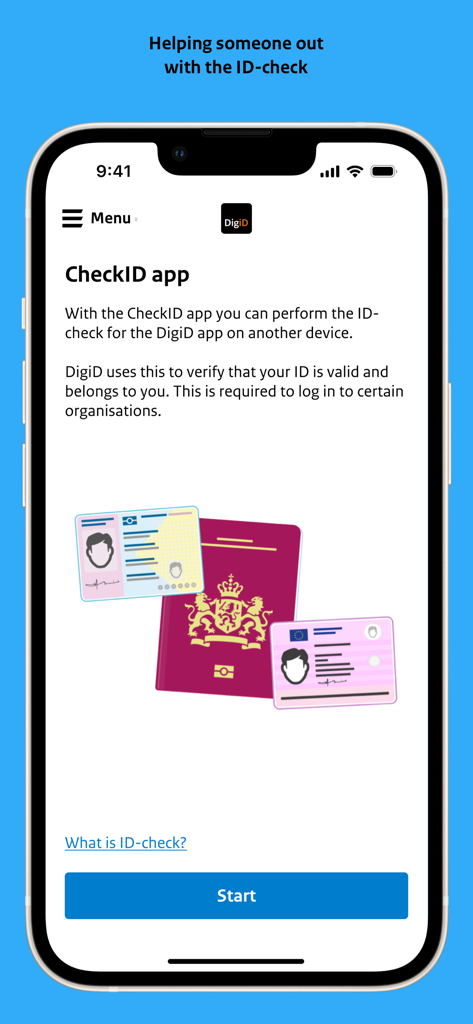 The start screen of the CheckID app showing illustrations of a passport and ID cards.