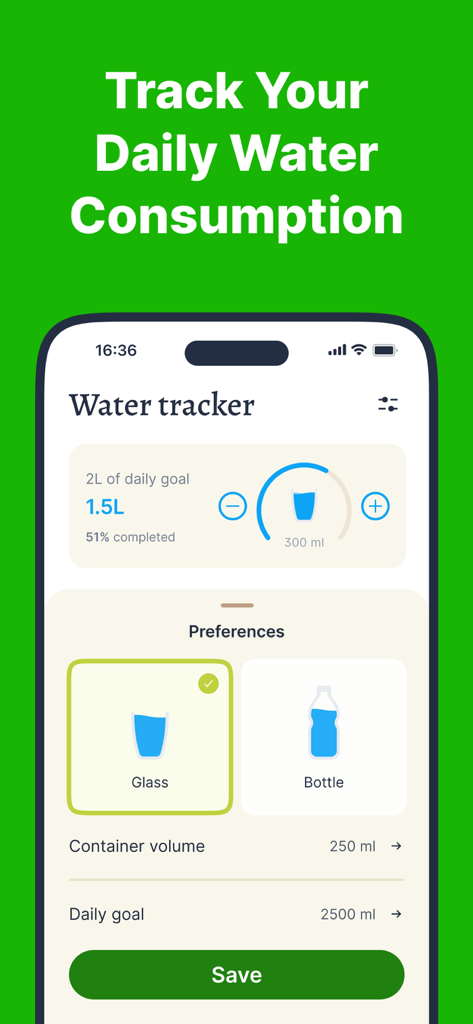 Interfaz de seguimiento de agua de la aplicación Goodbite que muestra el progreso diario de hidratación y la configuración de objetivos