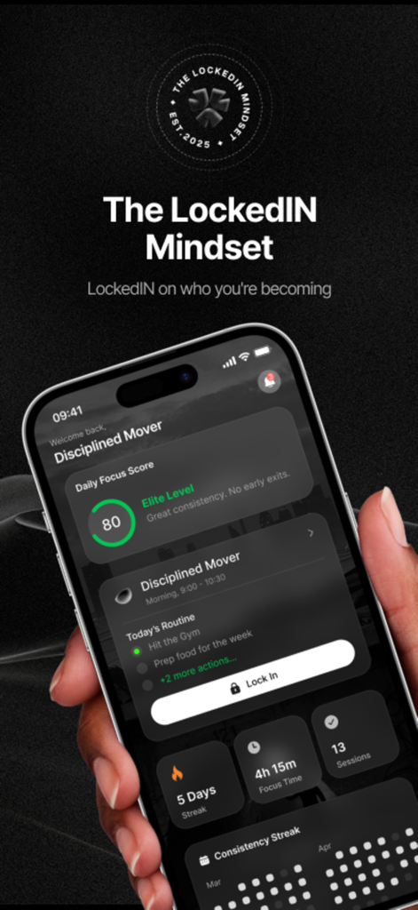 The LockedIN Mindset - Smartphone screen showing The LockedIN Mindset app dashboard with focus score and daily routine tracking