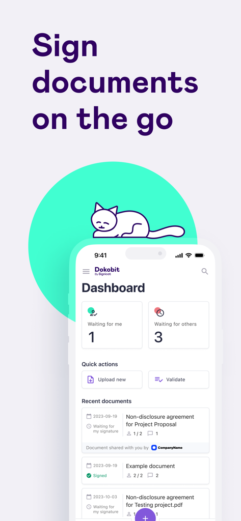 Dokobit mobile app dashboard showing pending documents and a list of signed contracts on a smartphone screen