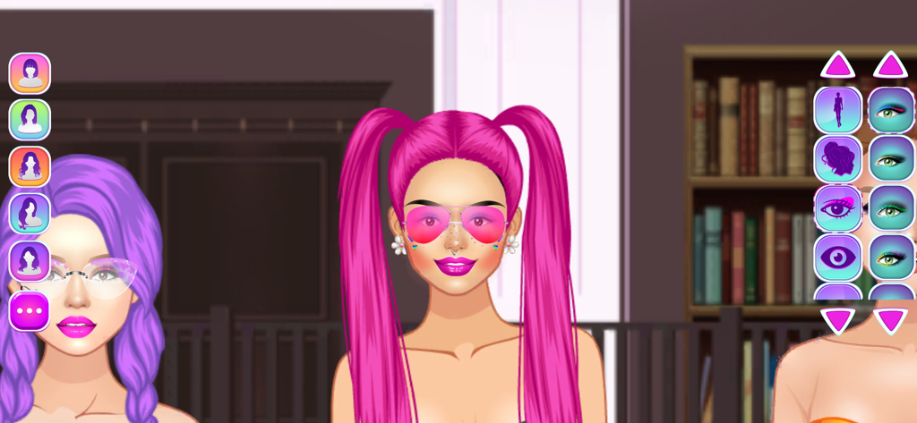 Pantalla de personalización de personajes que muestra opciones de maquillaje y rasgos faciales para dos universitarias en una biblioteca