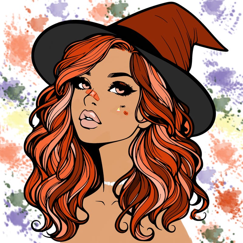 realistic witch girl with wavy hair and lips