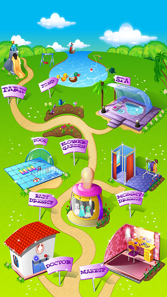 Baby & Mommy Story - Kids Games (Boys & Girls) - Main menu map showing various mini games like spa doctor and dress up