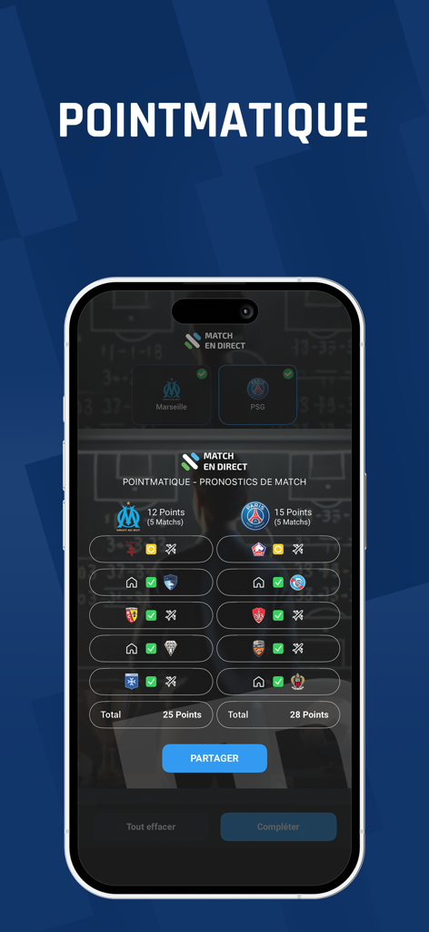 Soccer match predictions and team comparison screen in the Match en Direct app