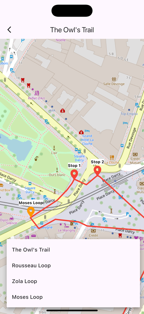 Dijon: The Owl's Trail - Map view showing walking tour routes and stops in the Dijon Owls Trail app.