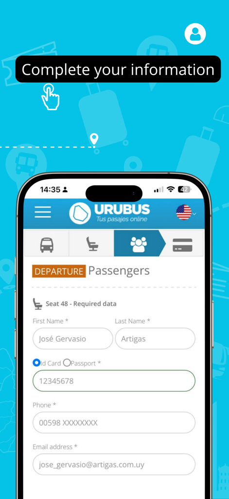 URUBUS - URUBUS app interface showing a form to enter passenger name, passport, and contact details for a bus ticket booking.