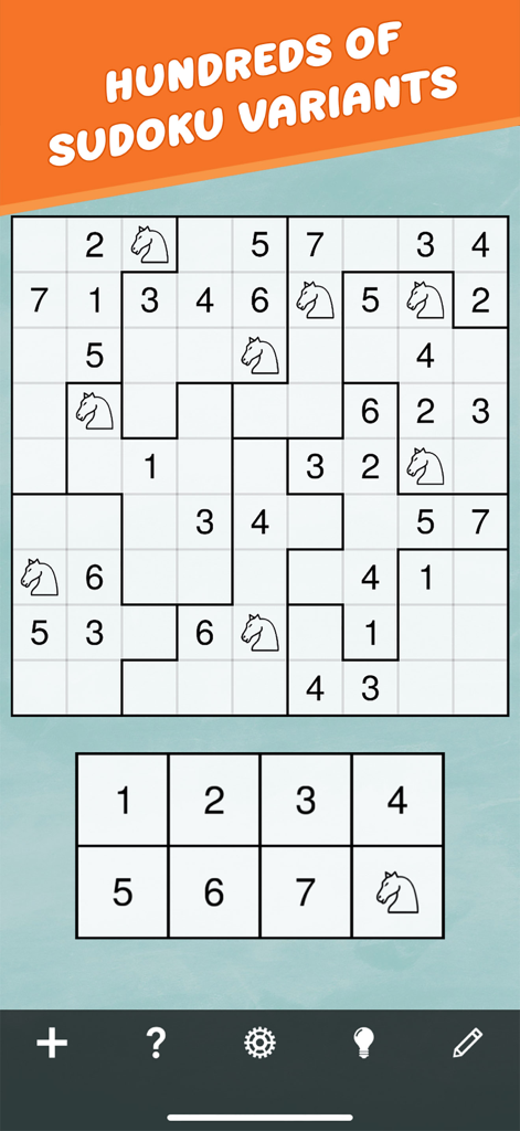 Sudoku Mega Bundle - A Sudoku Mega Bundle gameplay screen featuring a knight chess piece logic variant on an irregular grid