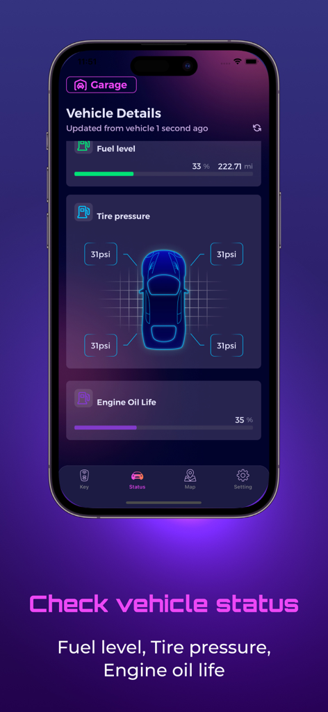 CarKey Digital Car Key Connect - Panel de la aplicación CarKey mostrando el estado del vehículo en tiempo real, incluyendo el nivel de combustible, la presión de los neumáticos y la vida útil del aceite del motor.