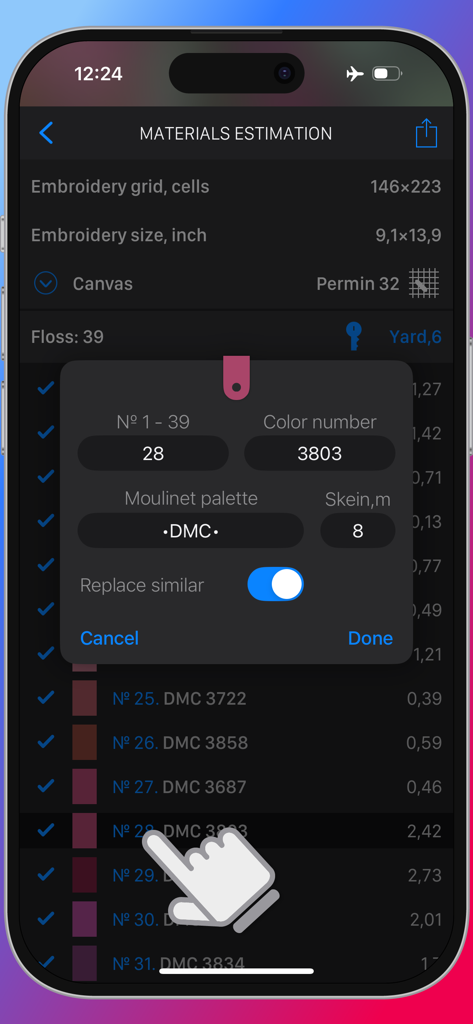 Materials estimation screen in the Cross Stitch Saga app showing floss color settings and palette options