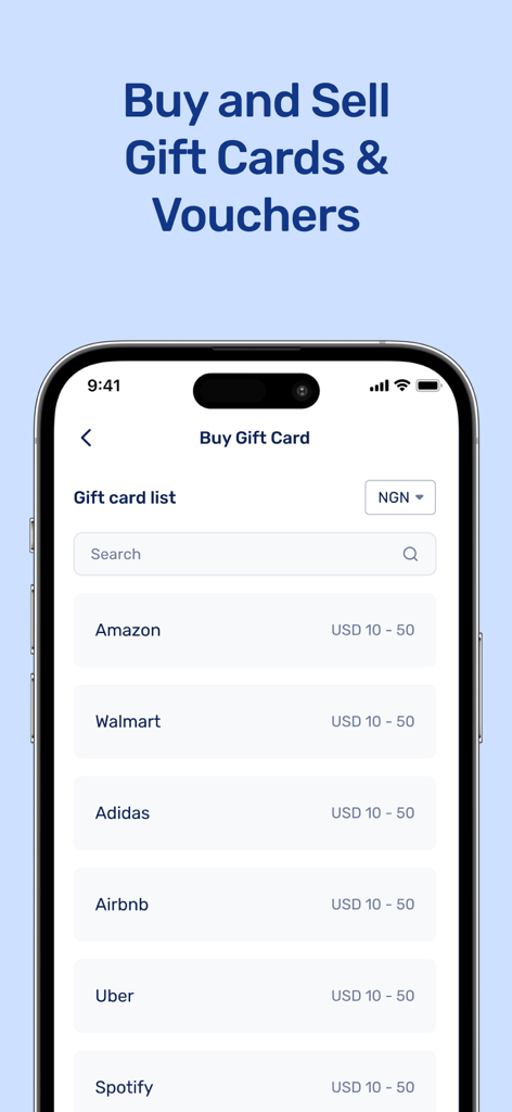 Prestmit app interface showing a list of gift cards like Amazon and Walmart available for purchase.