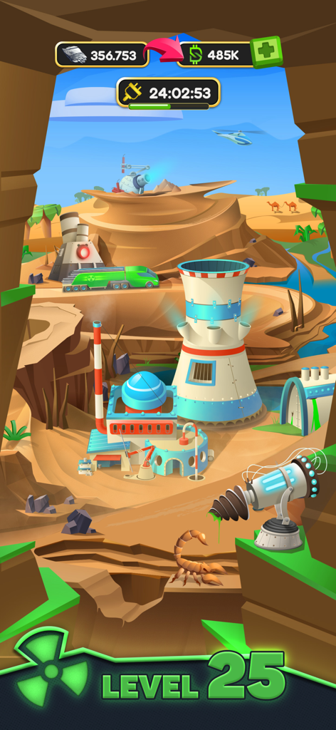 Nuclear Tycoon: Idle Reactor - Nuclear Tycoon Idle Reactor gameplay showing desert nuclear plant at level 25