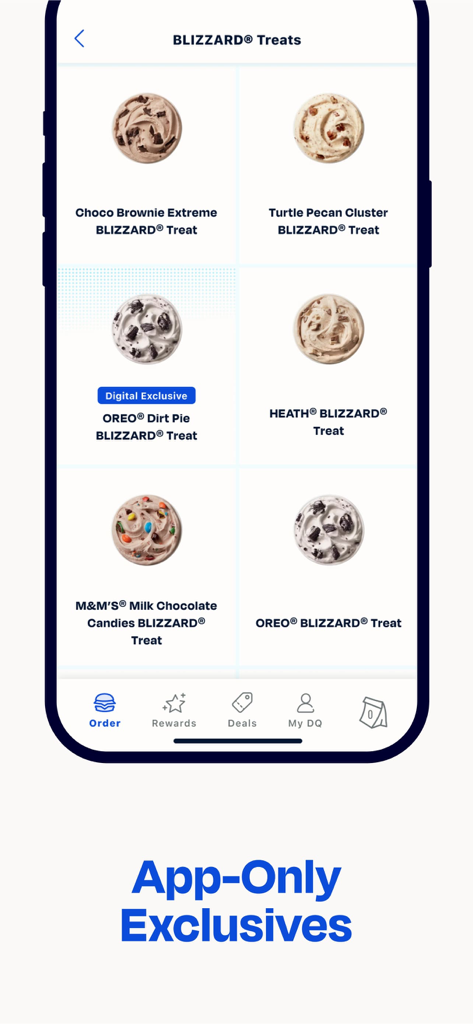 Dairy Queen mobile app screen showing a menu of Blizzard treats and digital exclusive items.