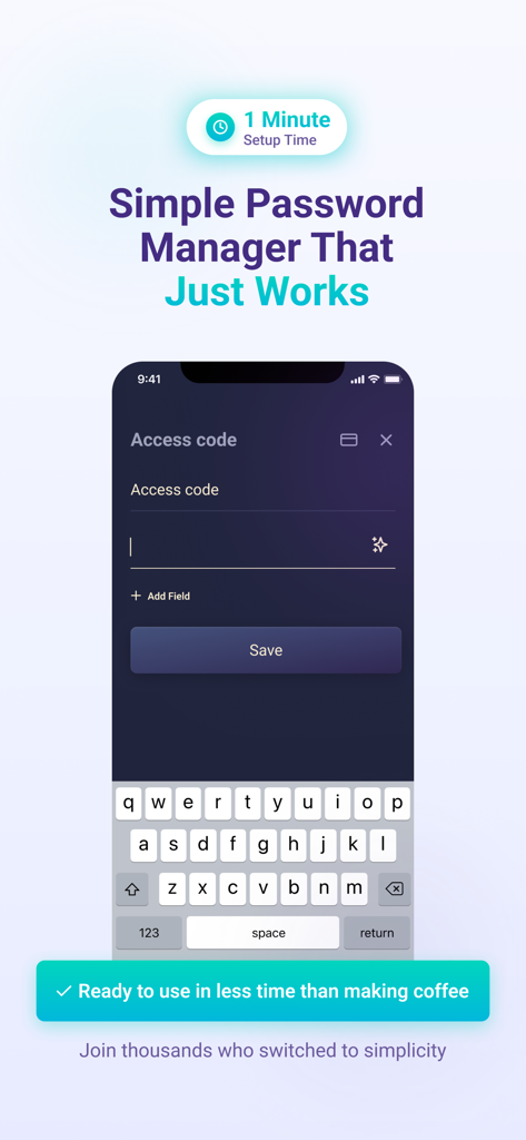Passkeep - Password Keeper - Passkeep mobile app interface showing a simple access code entry screen with a headline about one minute setup time.