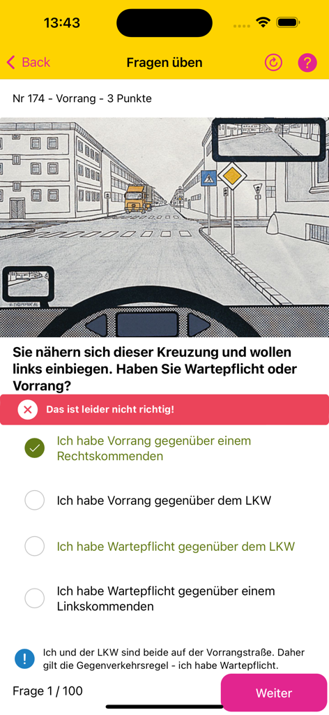 Webtraining - Screenshot dell'app Webtraining che mostra una domanda d'esame di teoria di guida con notifica di risposta errata e spiegazione
