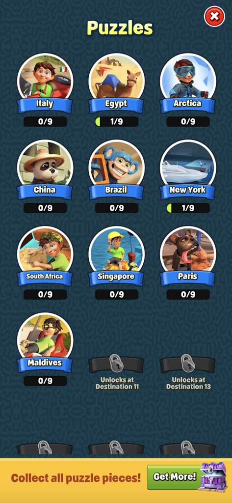 이탈리아, 이집트, 뉴욕과 같은 다양한 여행지 컬렉션을 보여주는 코인 트립 퍼즐 메뉴 화면