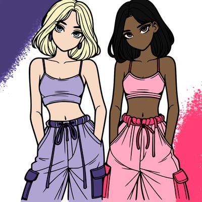 two girls with crop top with baggy pants