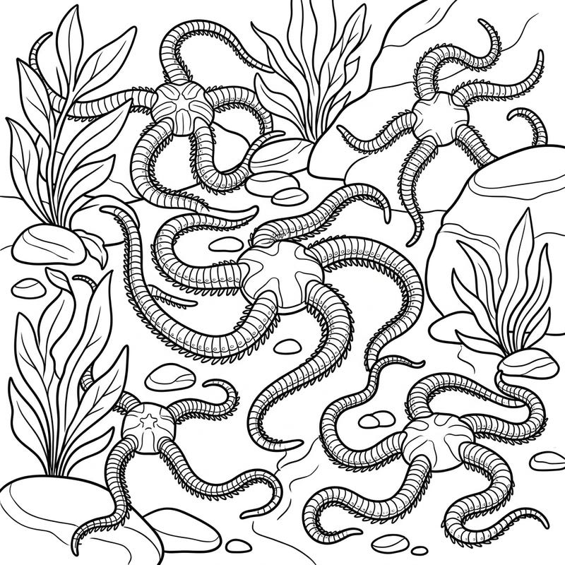 Immerse yourself in the calming beauty of the ocean with this Brittle Stars coloring page, specially designed for seniors. Its clear, large outlines offer a relaxing and engaging artistic journey.