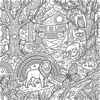 Dive into a beautiful nature scene where majestic wildlife meets the vibrant spirit of Pride. This enchanting coloring page features a diverse array of animals celebrating unity and love in a lush forest setting.