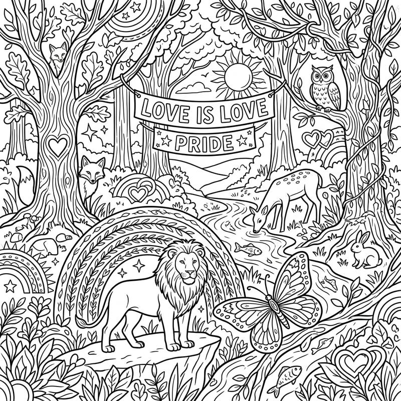 Dive into a beautiful nature scene where majestic wildlife meets the vibrant spirit of Pride. This enchanting coloring page features a diverse array of animals celebrating unity and love in a lush forest setting.