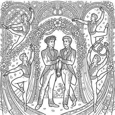 Immerse yourself in a romantic celebration with this intricate adult coloring page, featuring two grooms and graceful male ballet dancers. Delicate patterns and a festive wedding scene await your creative touch.