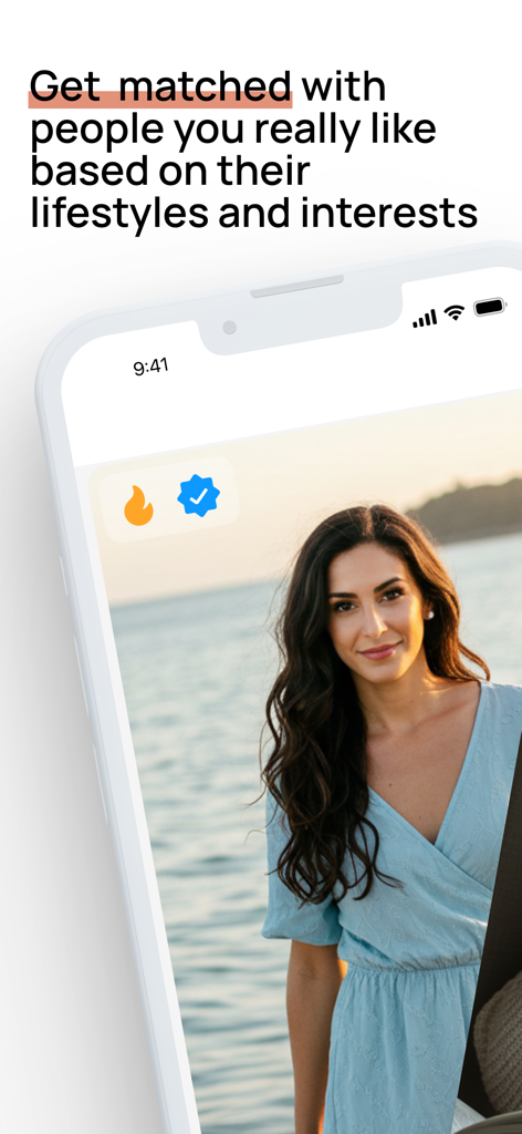 EuroDate dating app screenshot showing a verified female profile with a headline about matching based on interests