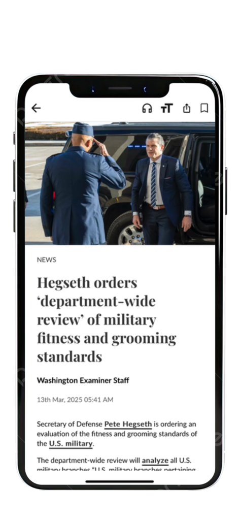 Tela de smartphone mostrando um artigo de notícias políticas no aplicativo Washington Examiner.