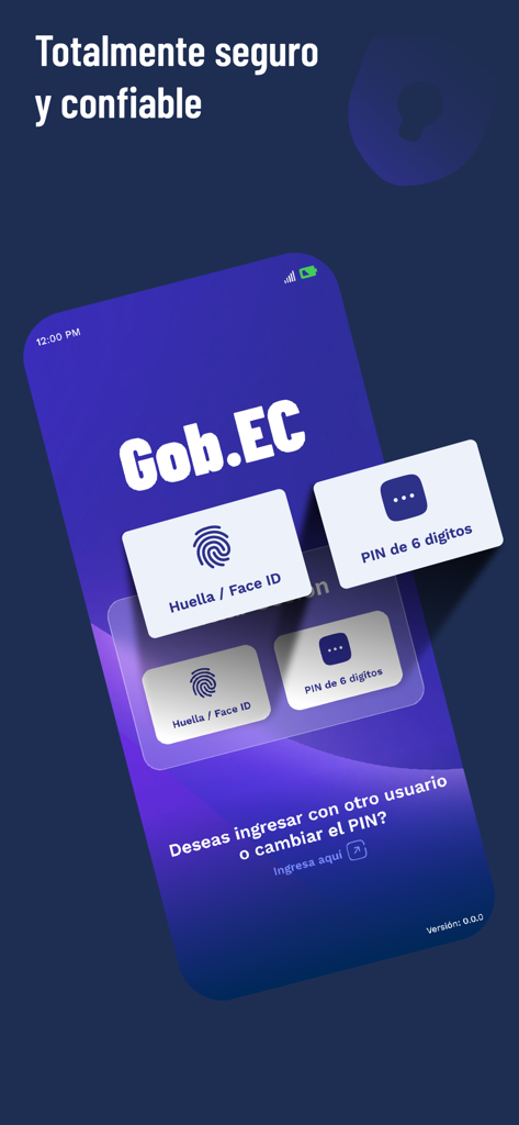 Gob.EC - Schermata dell'app Gob.EC che mostra opzioni di accesso sicuro tramite biometria e PIN