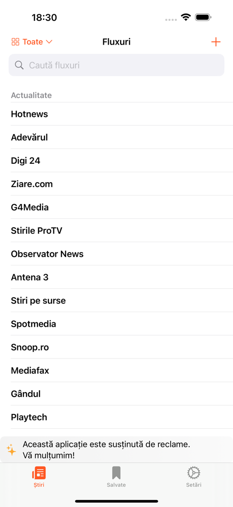 Interface showing a list of Romanian news sources like Digi 24 and Hotnews in the RSS reader app