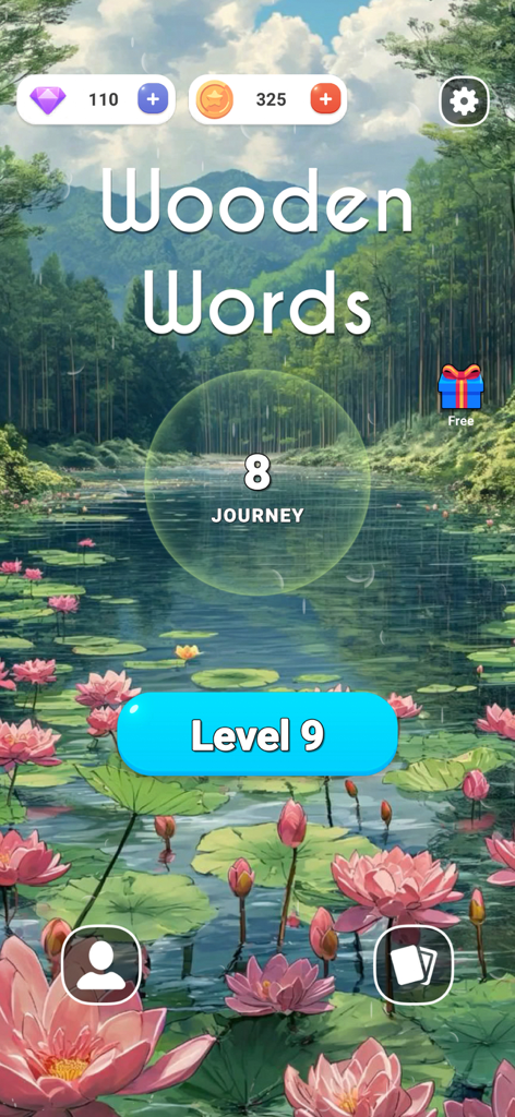 ABC - Wooden Words - Main menu of ABC Wooden Words app with a serene nature landscape and pink water lilies