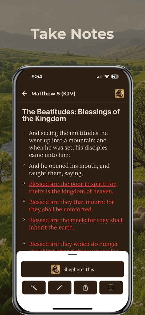 Shepherd Bible App - Una interfaz móvil de la App Bíblica Shepherd que muestra la función Tomar Notas con Mateo 5 en un tema de tonos tierra
